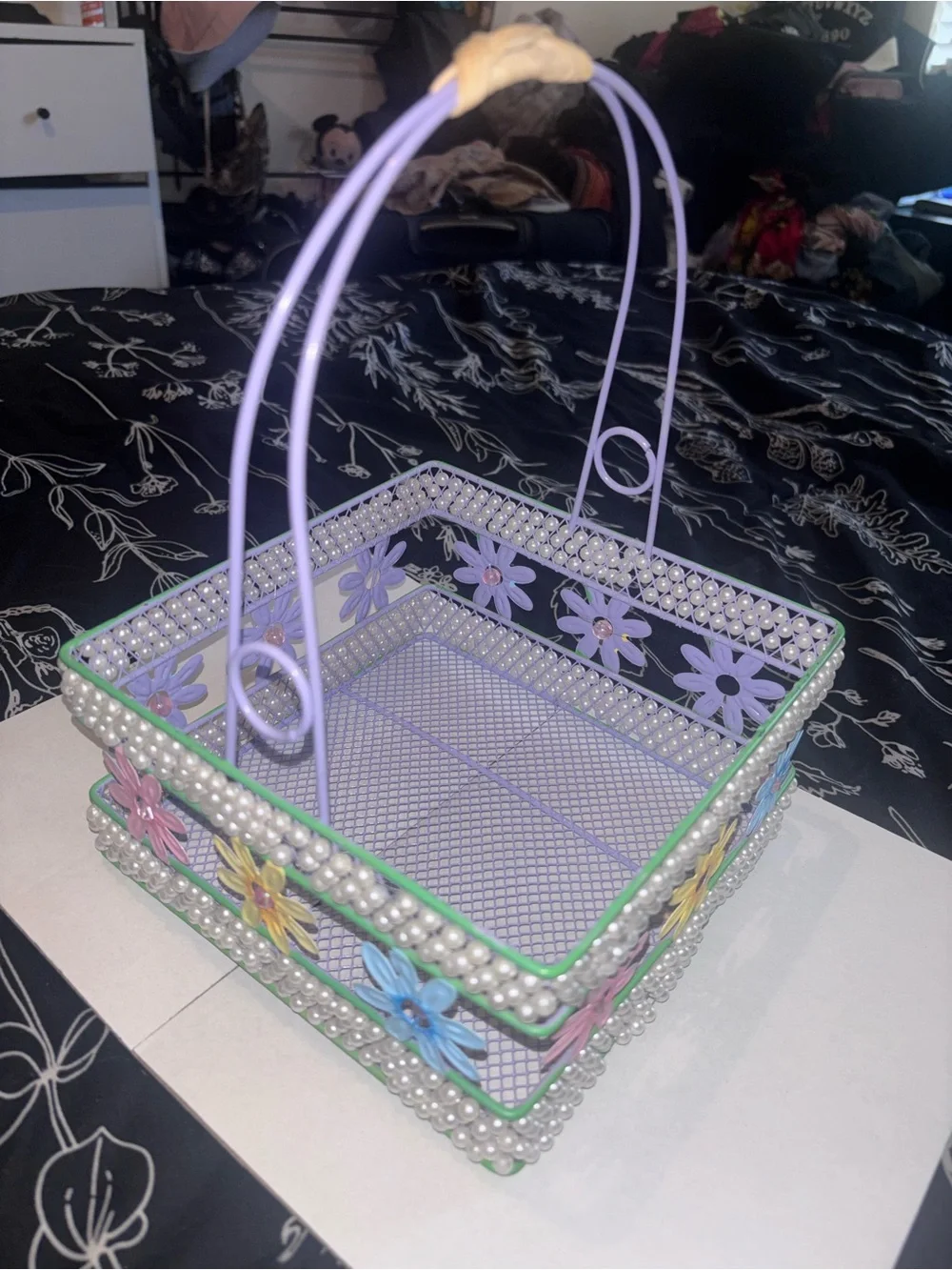 Y2K Decorative Pastel Purple Flower Basket with Pearl Trim